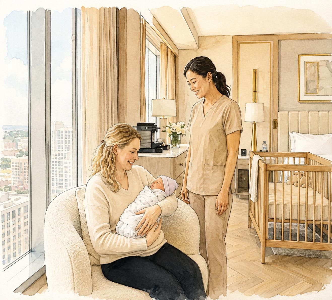 Mother holding newborn with Bloom in 21 care team member