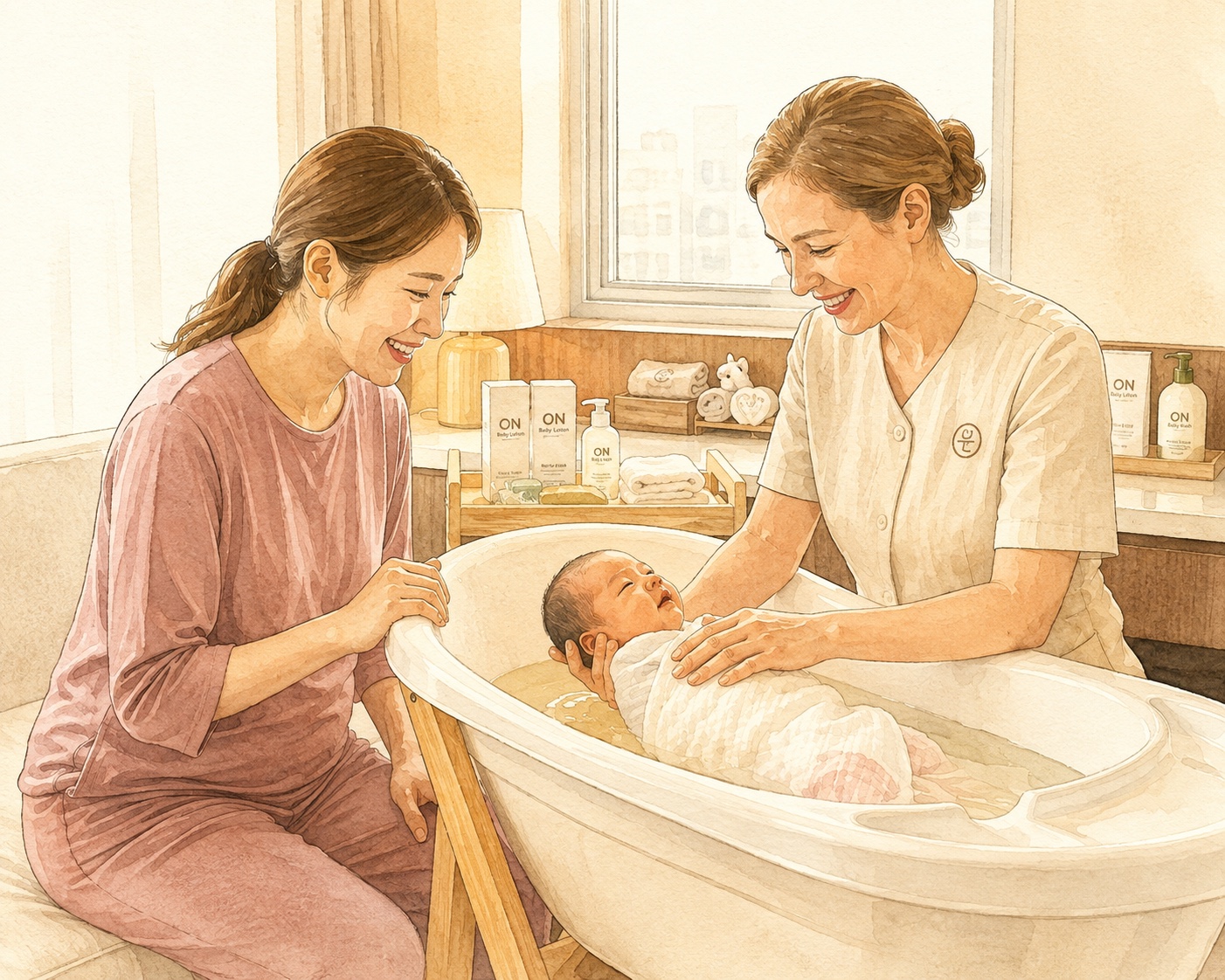 Mother learning newborn bath care in a private one-on-one session