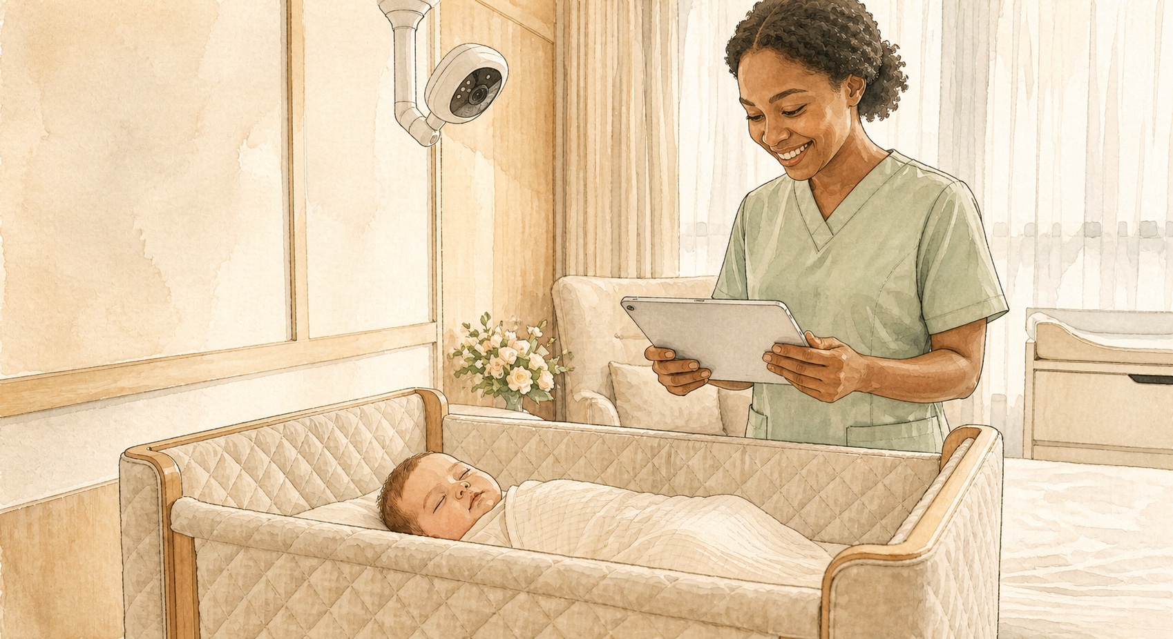 A newborn care specialist monitoring a sleeping baby with smart nursery technology
